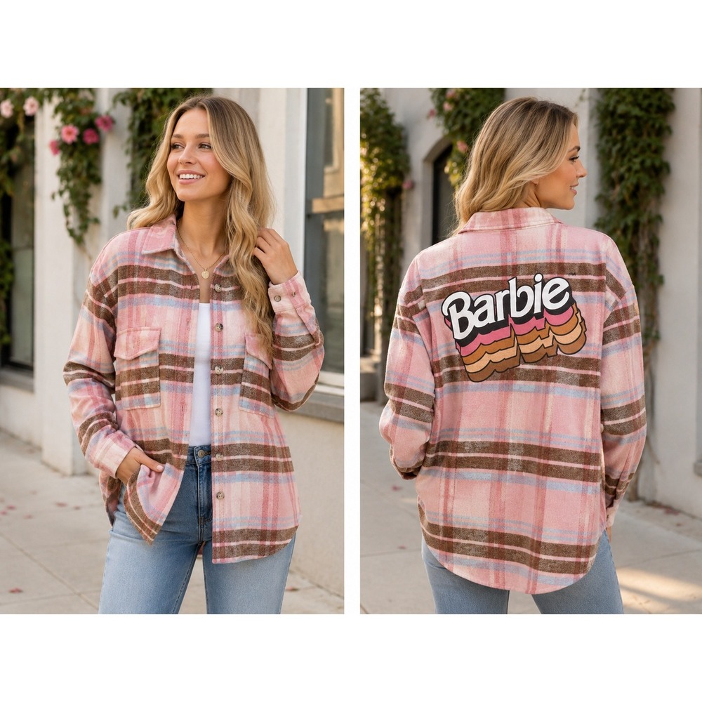 Barbie Pink‎ Plaid Oversized Flannel Graphic Button Down Shirt Large